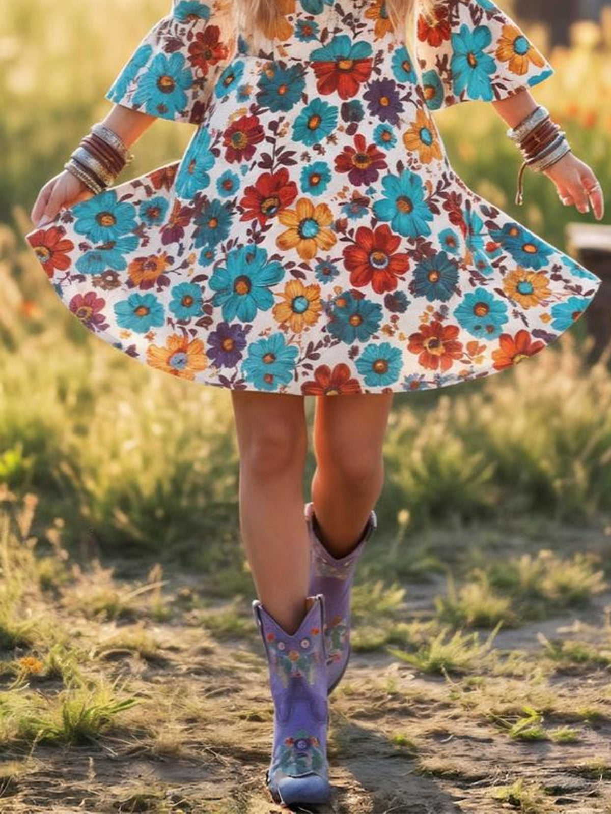 Violet Purple Round-Toe Colorful Florals Ankle Cowgirl Boots