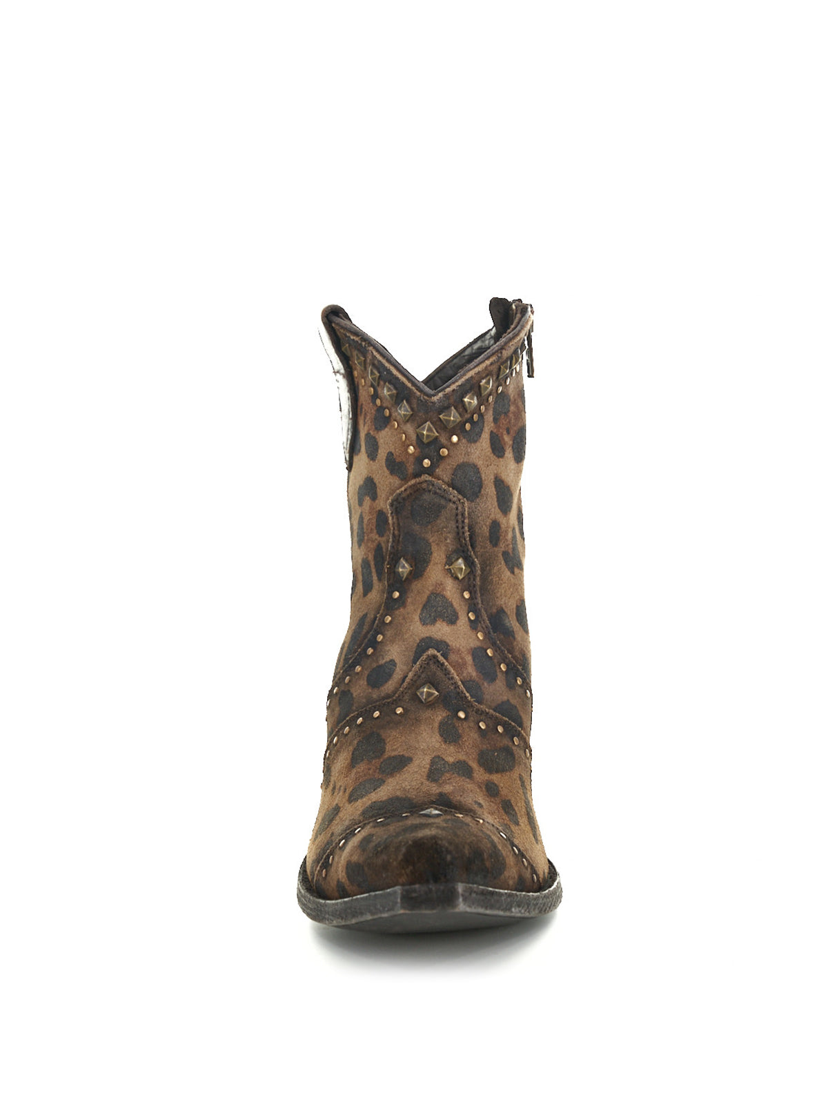 Leopard Print Snip-Toe Studs Full-Zip Ankle Cowgirl Boots