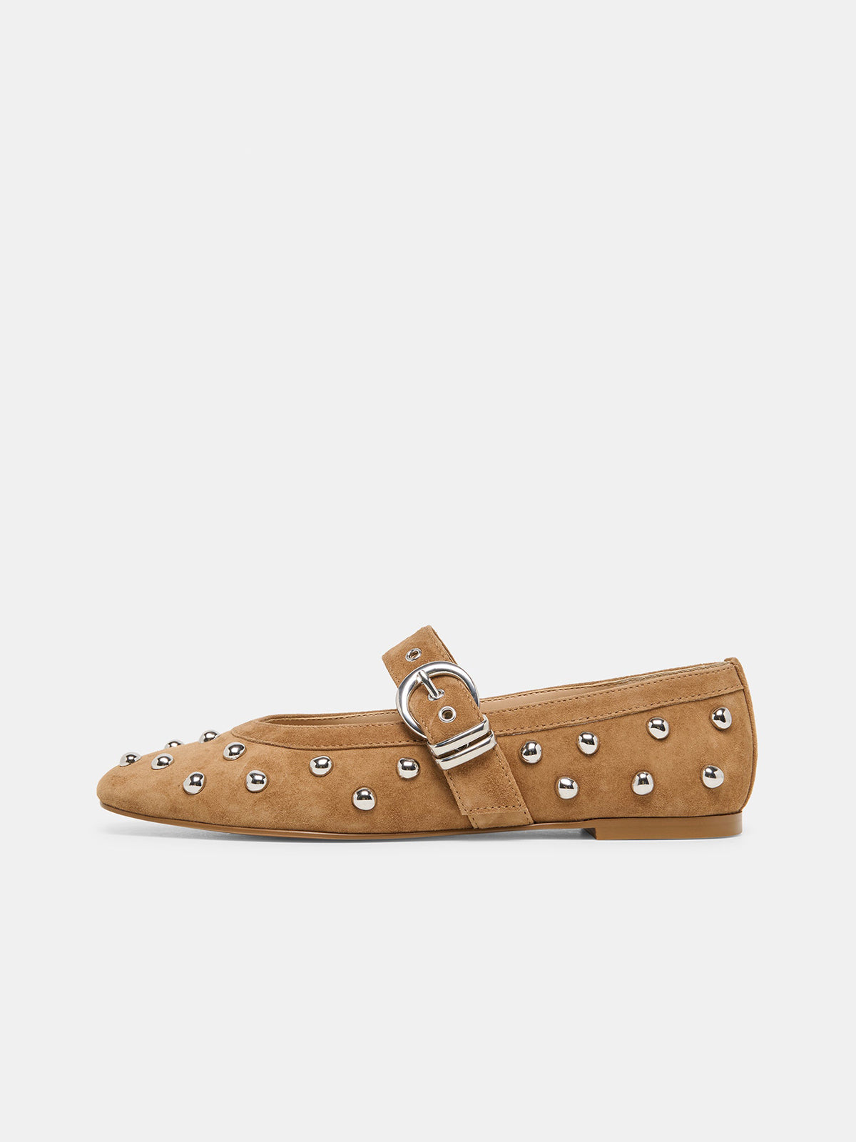 Brown Faux Suede Square-Toe Studs And Mary Jane Ballet Flats