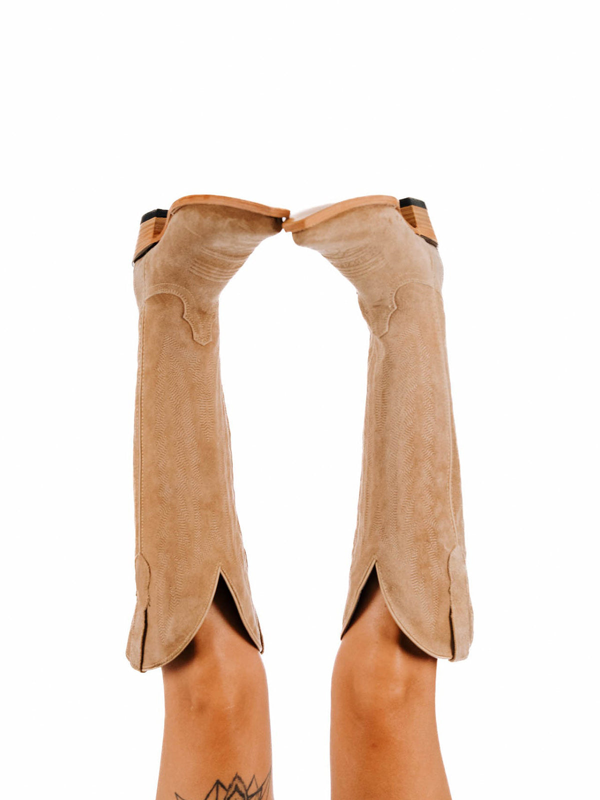 Sand Faux Suede Snip-Toe Embroidery Half-Zip Classic Knee High Cowgirl Boots