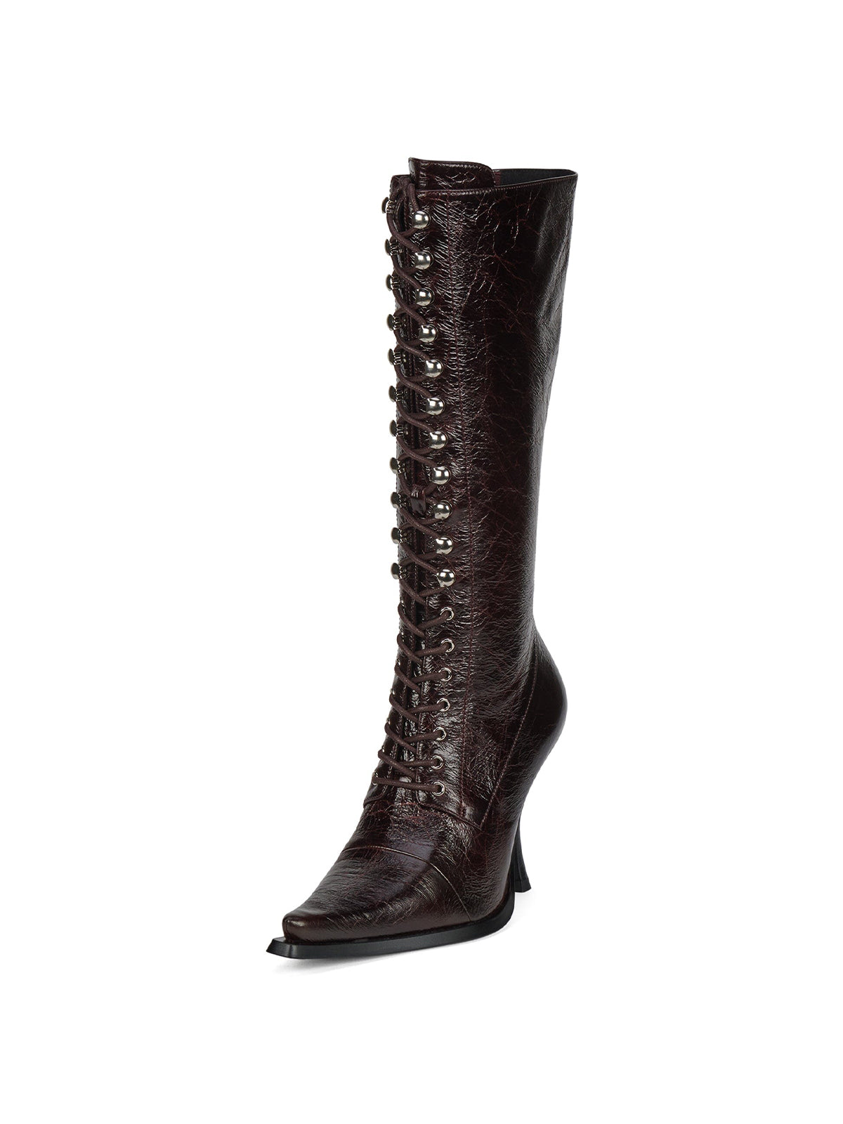 Wine Red Crinkle Pointed-Toe Front Lace-Up And Full-Zip Knee High Stiletto Boots