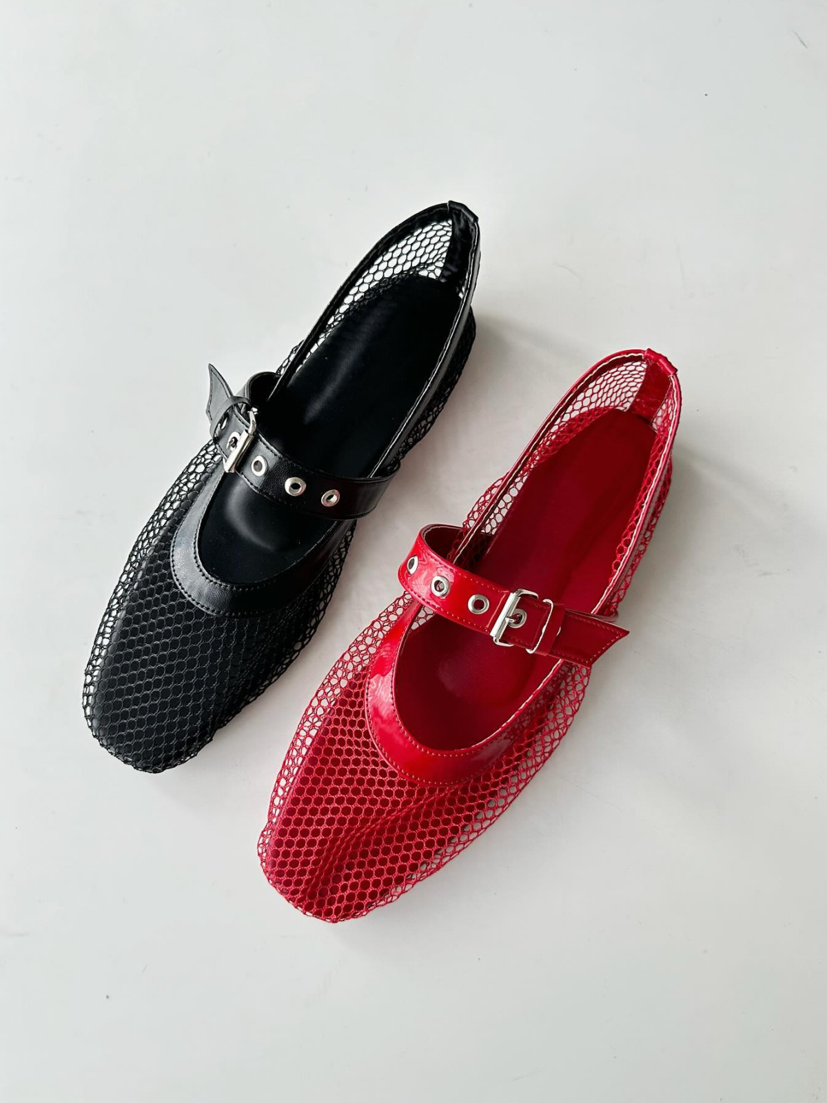 Red Fishnet Square Toe Ballet Flats Grommet Buckle Strap Mary Janes