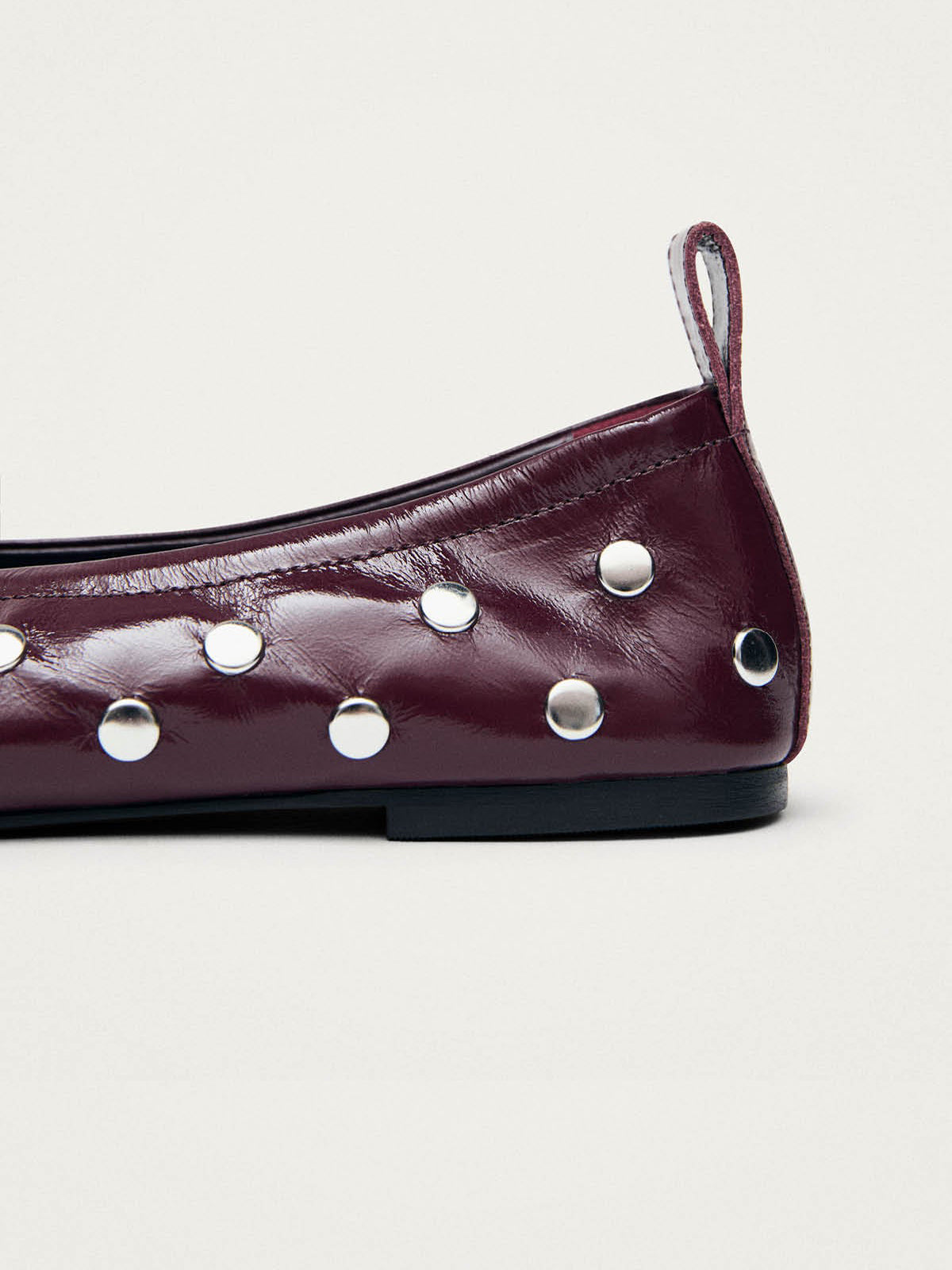 Patent Burgundy Square-Toe Full Studs And Front Bow Chic Ballet Flats