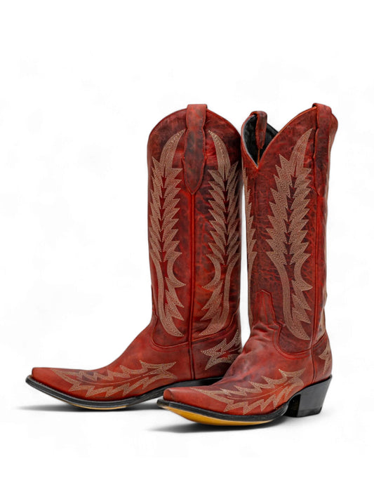 Distressed Red Snip-Toe Wide Calf Embroidery Knee High Cowgirl Boots