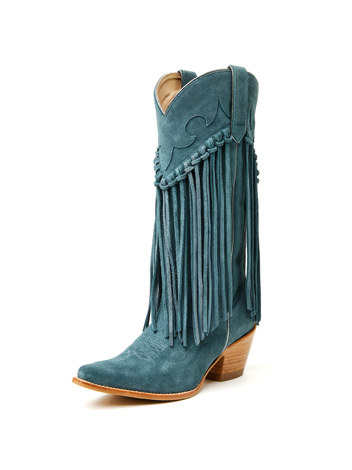 Blue Faux Suede Snip-Toe Fringe Wide Mid Calf Cowgirl Boots