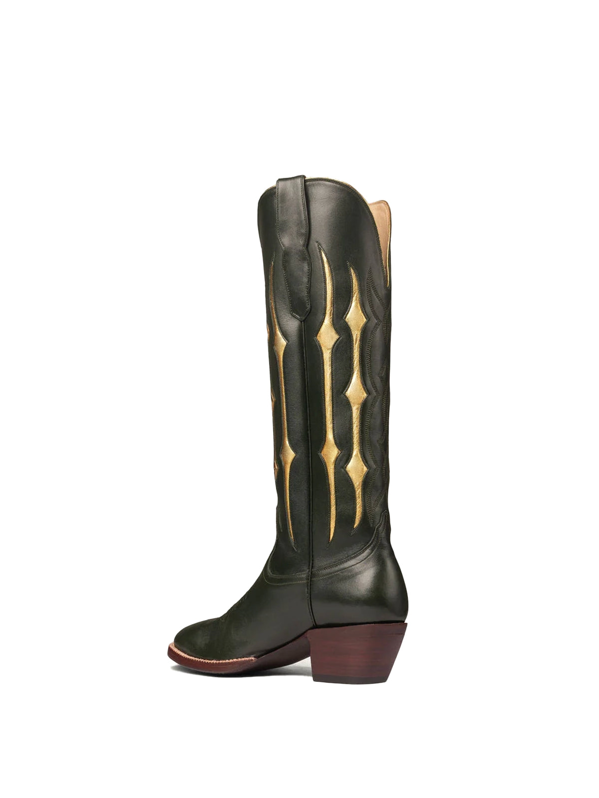 Green Contrast Metallic Gold Inlay Stitch Almond-Toe Wide Knee High Western Cowgirl Boots