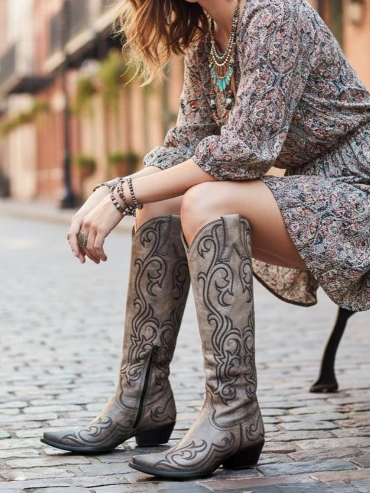 Distressed Bone Snip-Toe Delicate Embroidery Half-Zip Knee High Cowgirl Boots