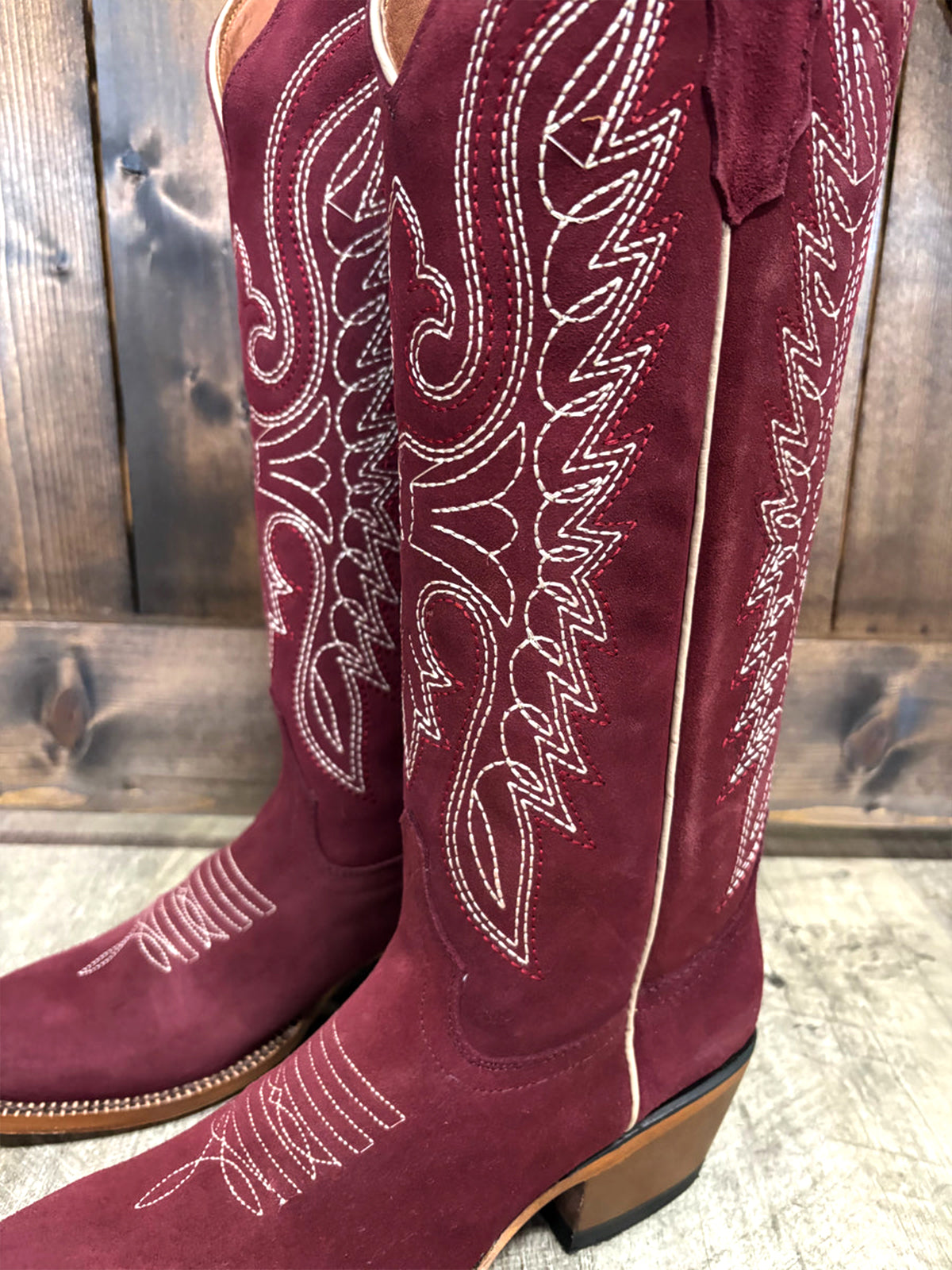 Burgundy Faux Suede Square-Toe Classic Embroidery Wide Calf Knee High Cowgirl Boots