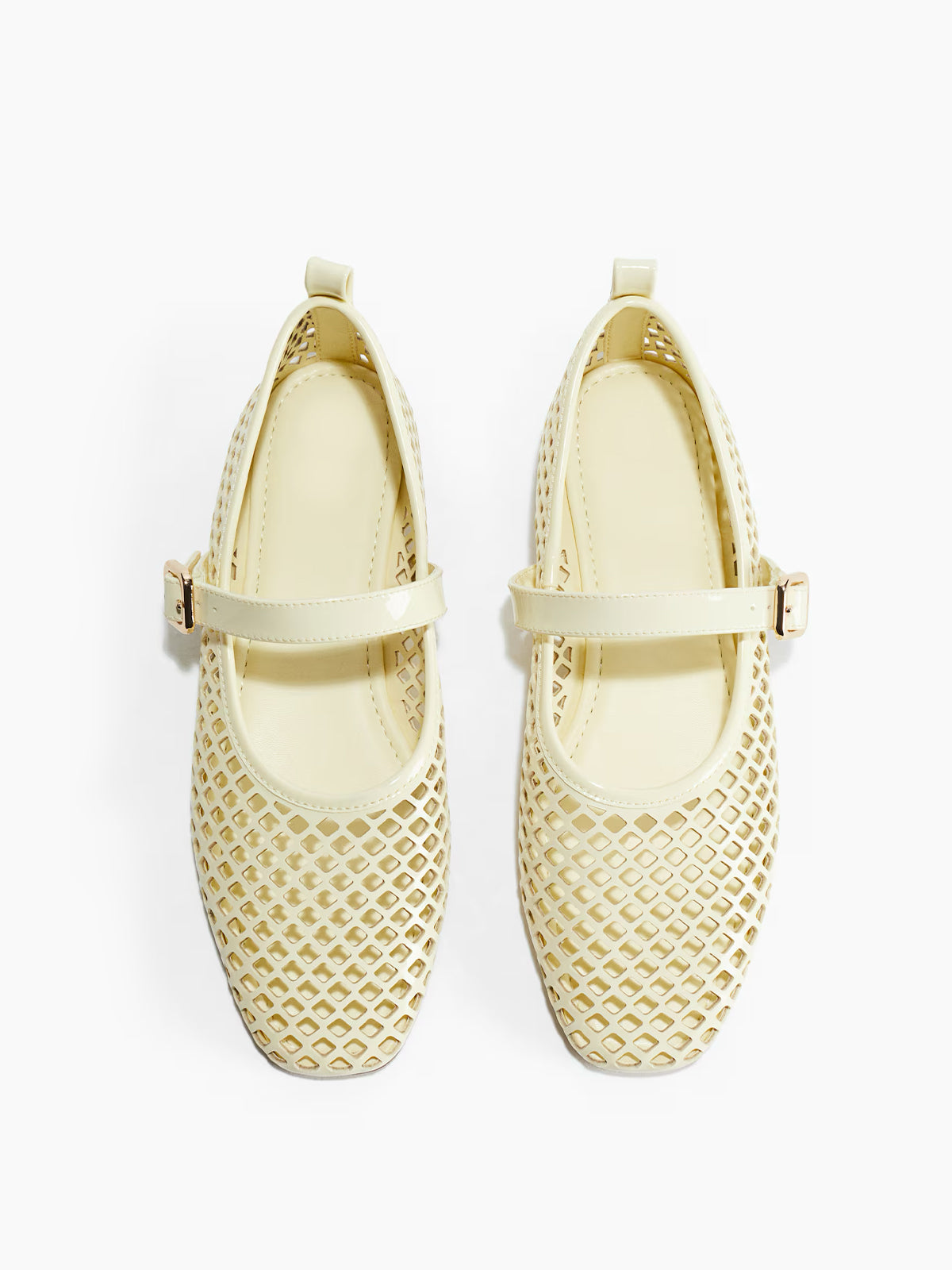 Perforated Square-Toe Bridge Strap Mary Jane Ballet Flats - Bone Patent