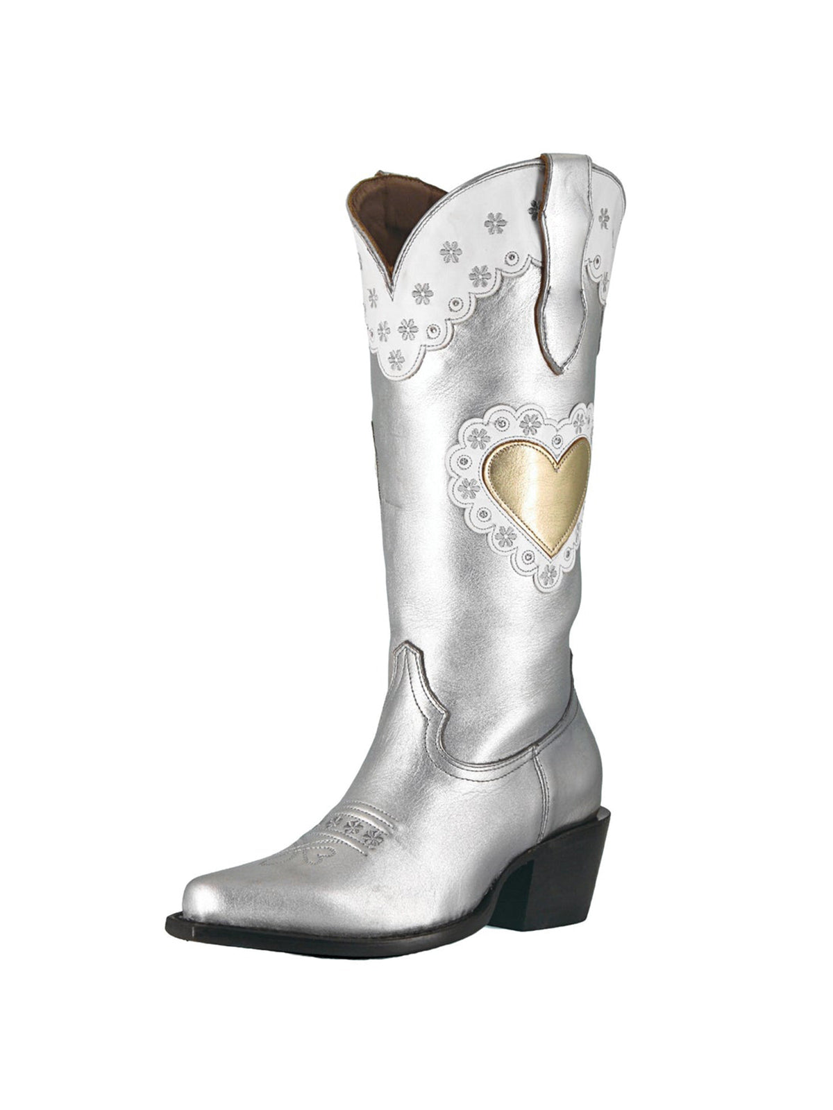 Metallic Silver Snip-Toe Heart Applique And Flowers Embroidery Mid Calf Cowgirl Boots