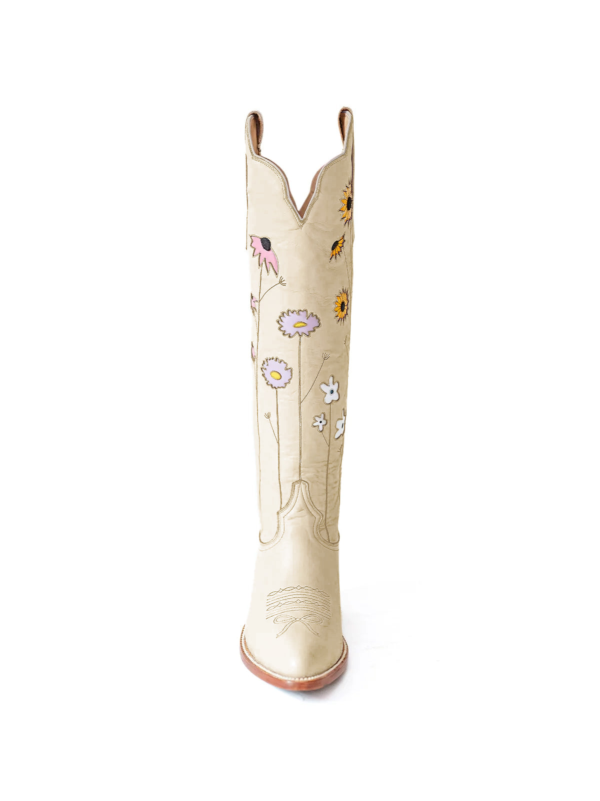 Beige Almond-Toe Colorful Flowers Inlay Wide Calf Knee High Cowgirl Boots