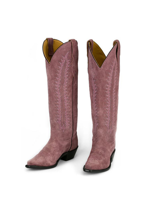 Pink Faux Suede Snip-Toe Wide Calf Embroidery Knee High Cowgirl Boots