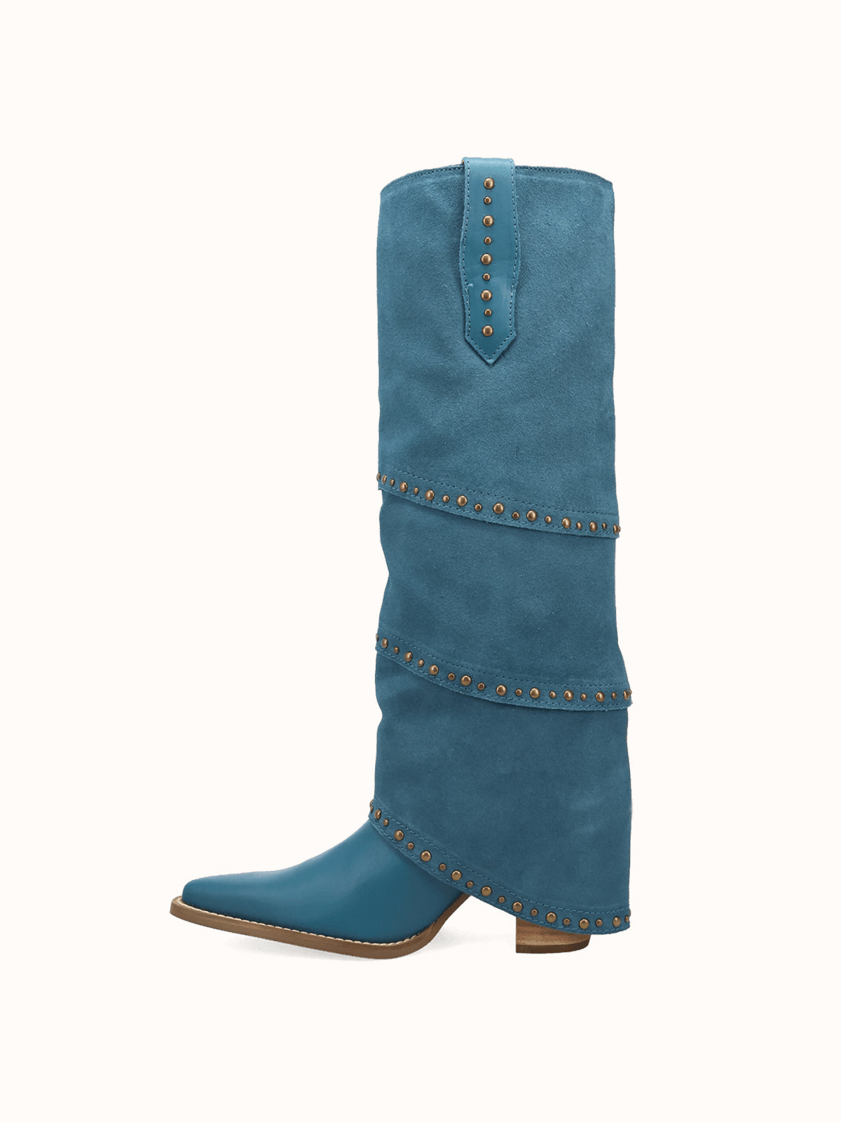 Blue Snip-Toe Faux Suede Fold-Over With Studs Wide Calf Knee High Cowgirl Boots