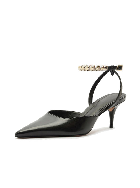 Black Pointed-Toe Chic Slingback Buckle Ankle Strap Kitten Heels