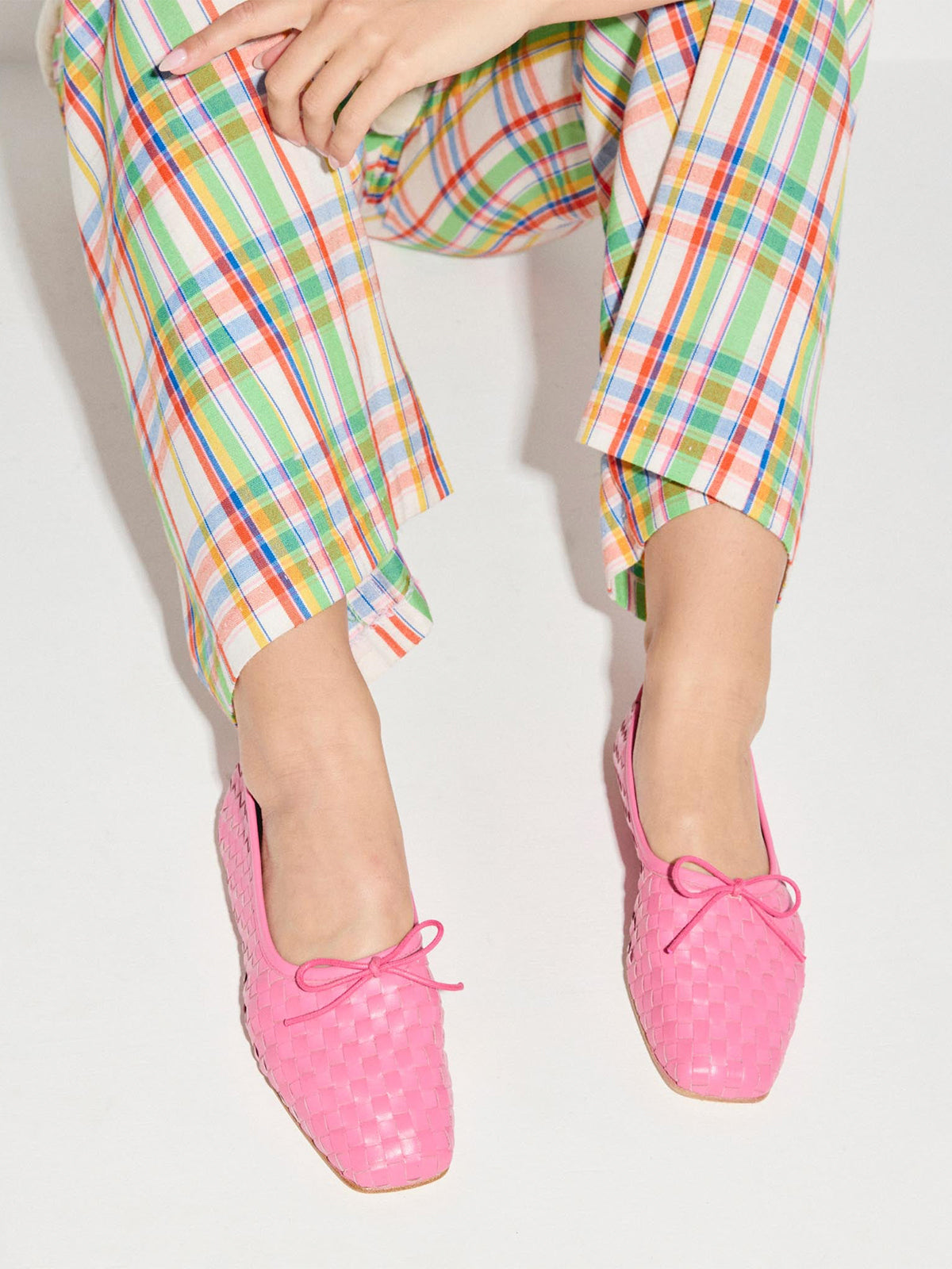 Vegan Leather Woven Square-Toe Bow Ballet Flats - Pink