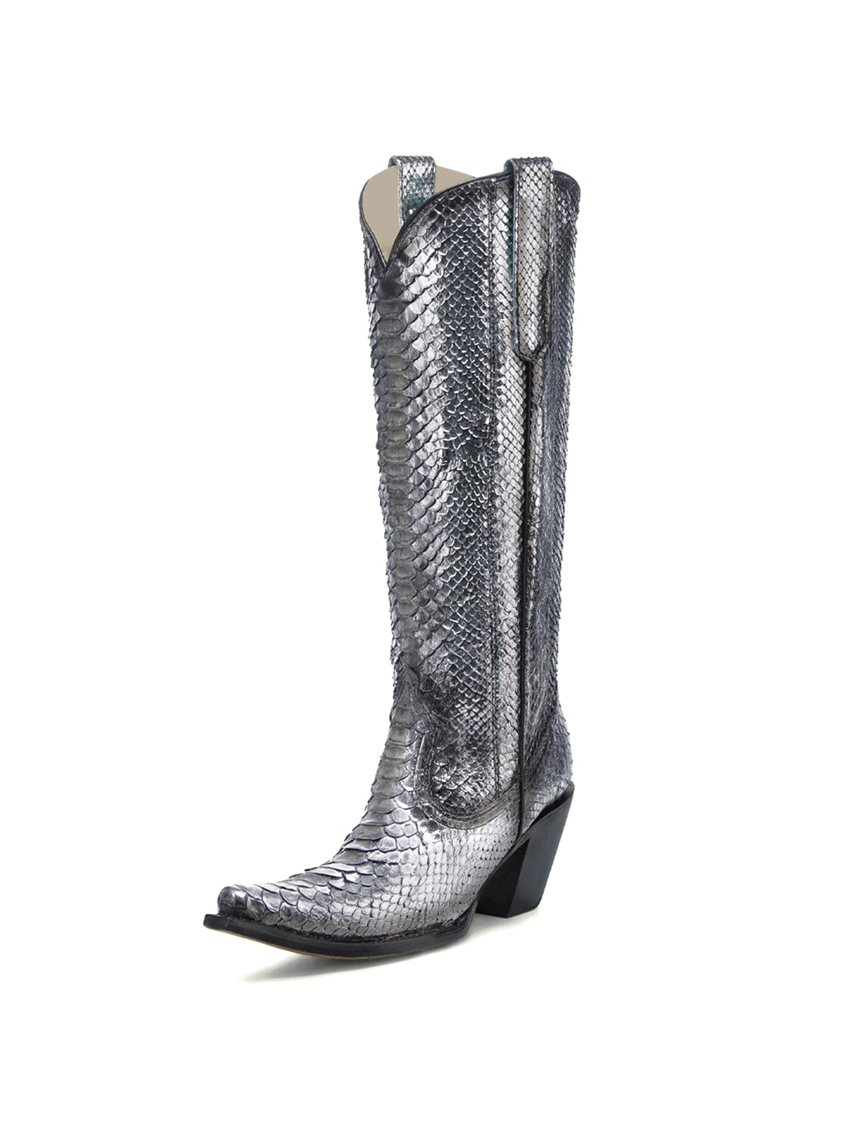 Metallic Snakeskin Pointed-Toe Half-Zip Simple Knee High Cowgirl Boots