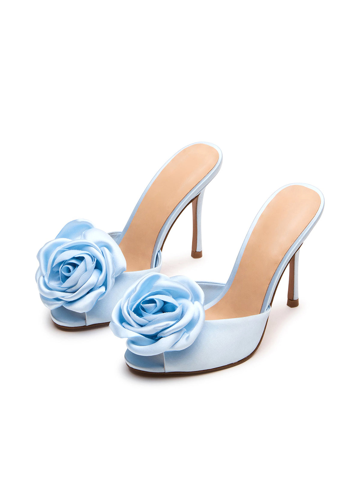 Blue Satin Round-Toe Backless High Heels With A Large Flower