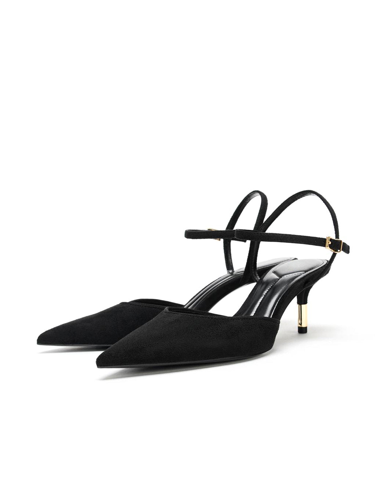 Black Faux Suede Pointed-Toe Ankle Strap With Buckle Slingback Kitten Heels