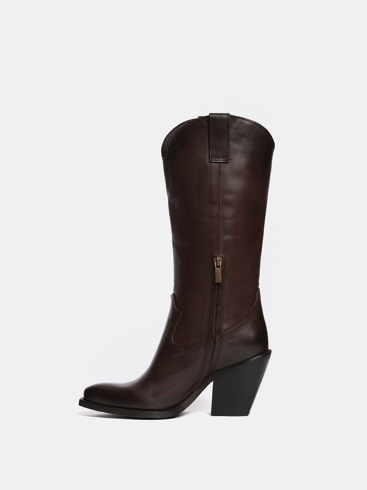 Dark Brown Snip-Toe Simple Half-Zip Mid Calf Classic Cowgirl Boots
