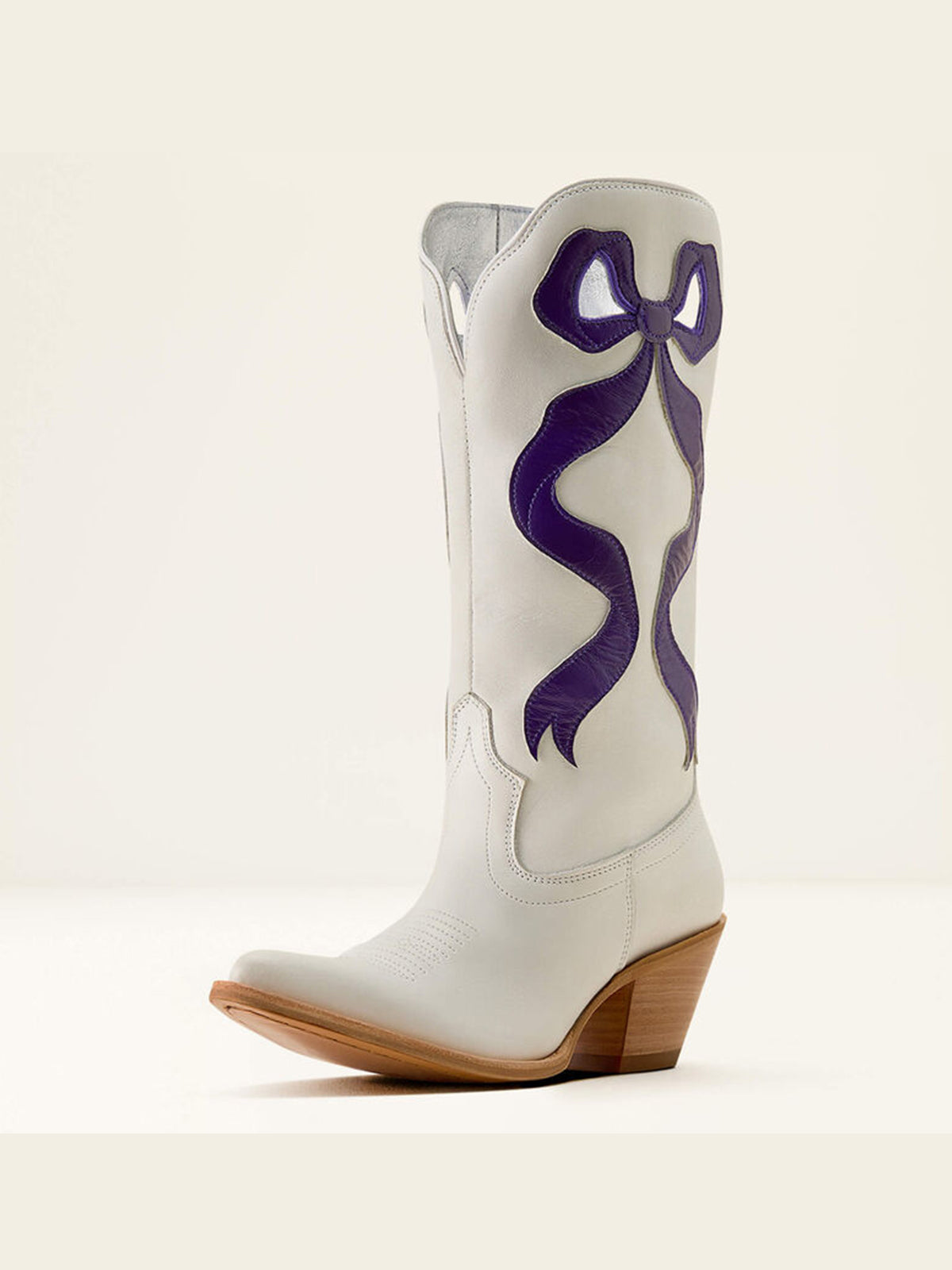 Ivory Almond-Toe Navy Side Big Bow Applique Mid Calf Cowgirl Boots
