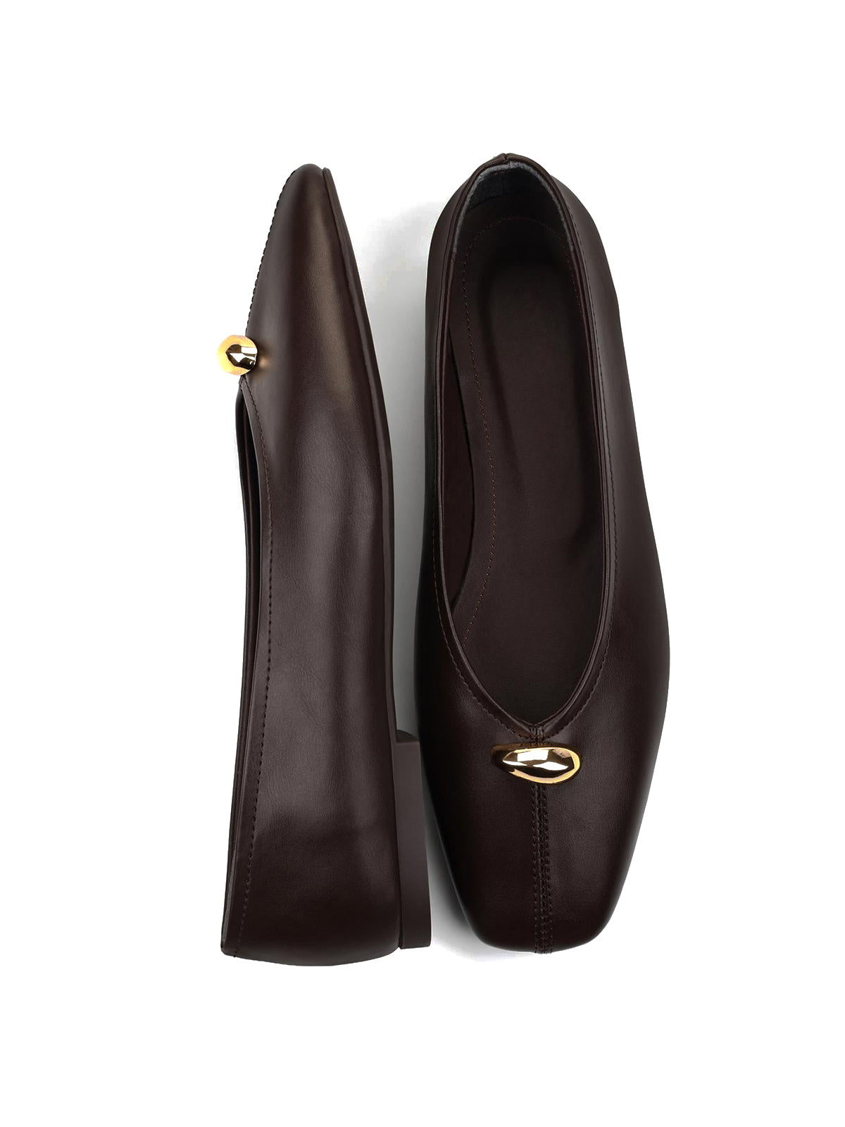 Coffee Square-Toe Front Gold Metal Detail Slip-On Flats
