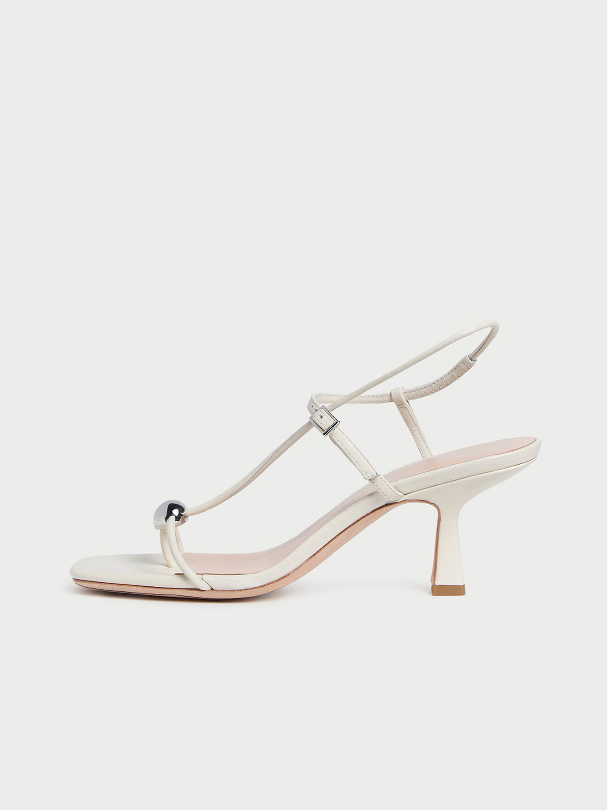White Square-Toe Buckle Strappy Kitten Heels With One Silver Ball