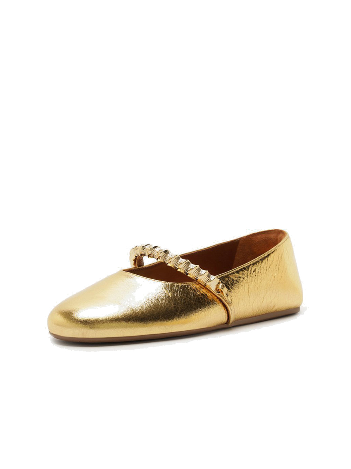 Metallic Gold Round-Toe Metal Bridge Strap Chic Flats