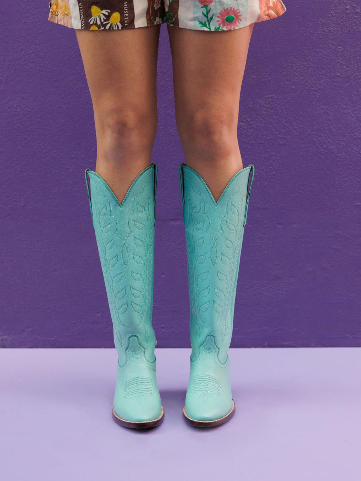 Blue Classic Almond-Toe Embroidery Tall Knee High Wide Calf Cowgirl Boots