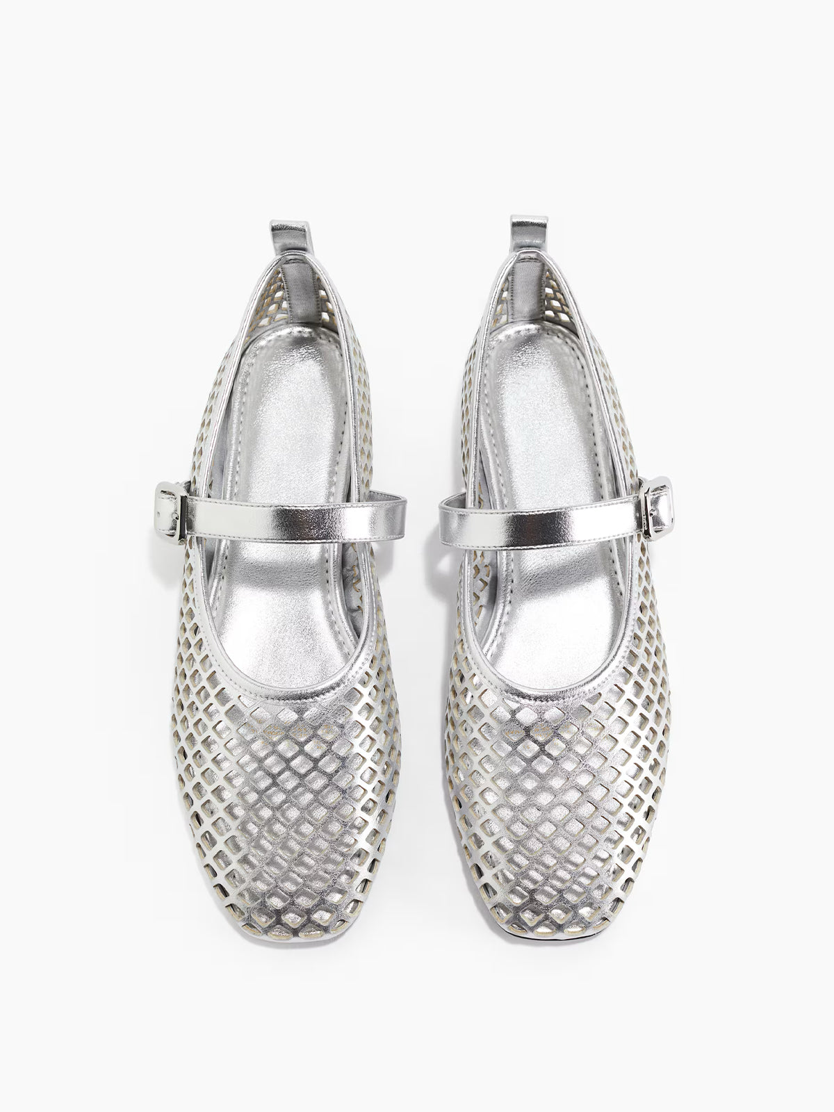Perforated Square-Toe Bridge Strap Mary Jane Ballet Flats - Metallic Silver