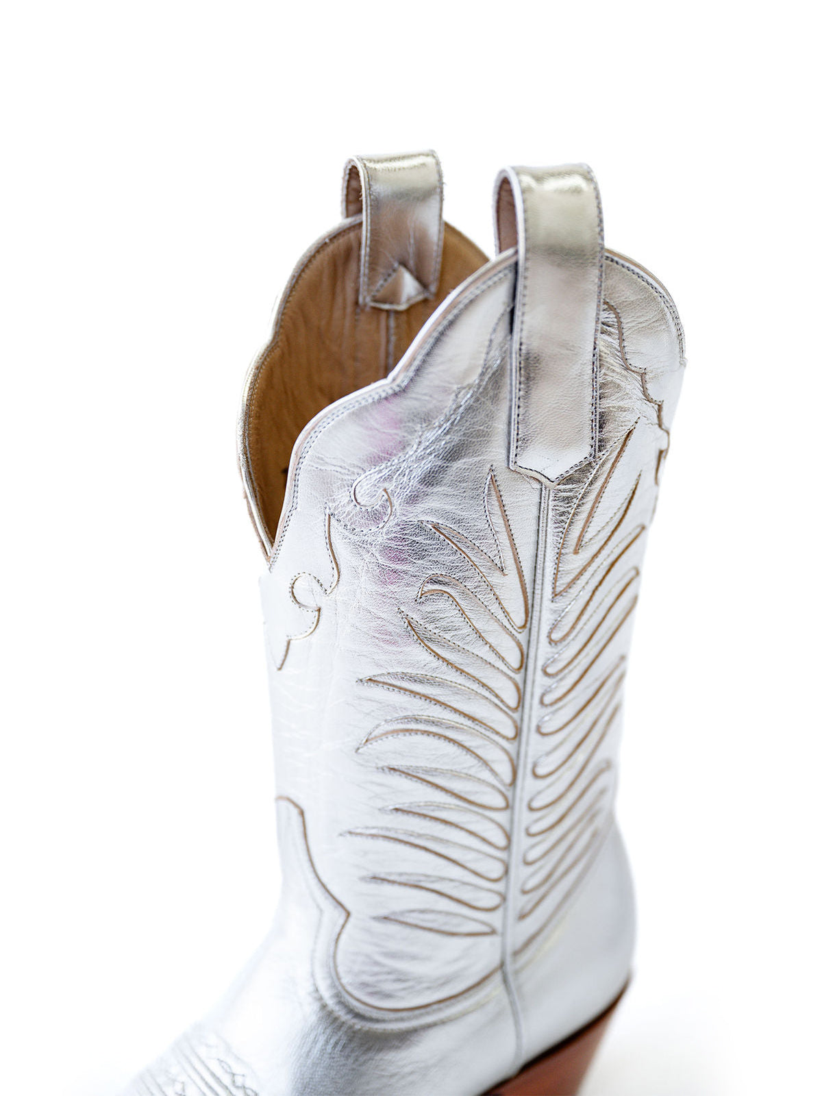 Metallic Silver Almond-Toe Inlay Applique Mid Calf Cowgirl Boots