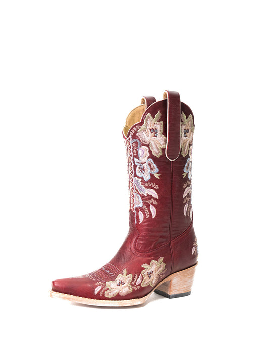 Dark Red Snip-Toe Vivid Flowers Embroidery Mid Calf Cowgirl Boots