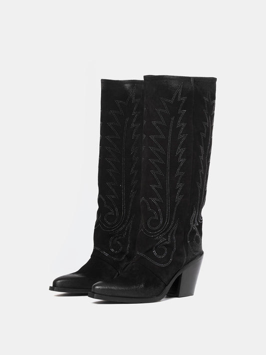 Black Snip-Toe Faux Suede Classic Embroidery Mid Calf Cowgirl Boots