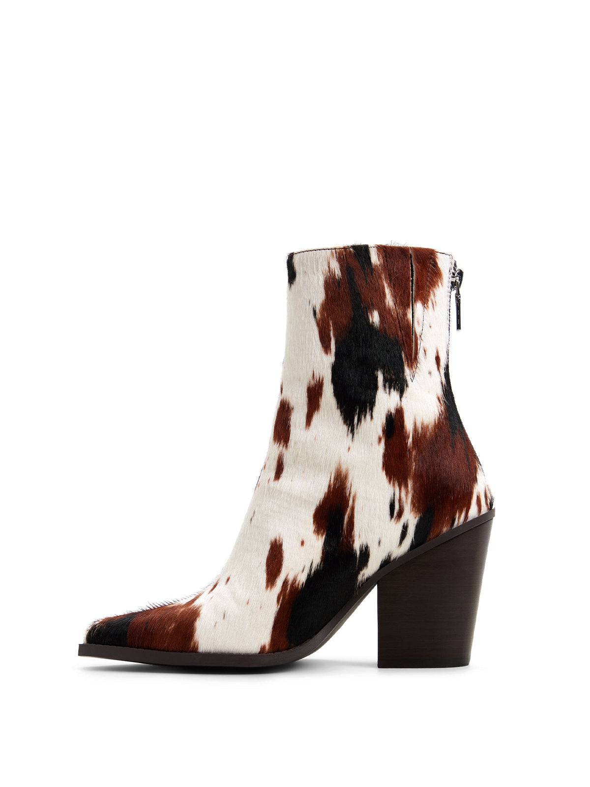 Cow Print Pointed-Toe Back Full-Zip Ankle Cowgirl Boots