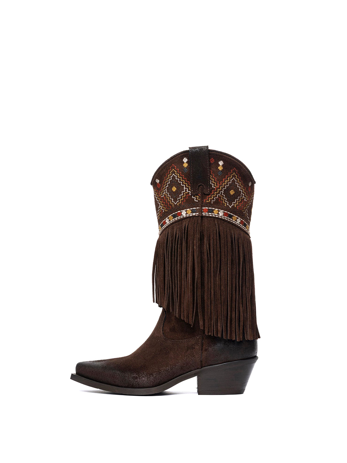 Brown Faux Suede Snip-Toe Fringe Top Embroidery Zipper Mid Calf Cowgirl Boots