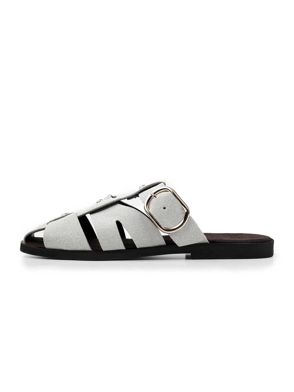 Gray Cow Suede Round-Toe Caged Detail And Studs Backless Flats
