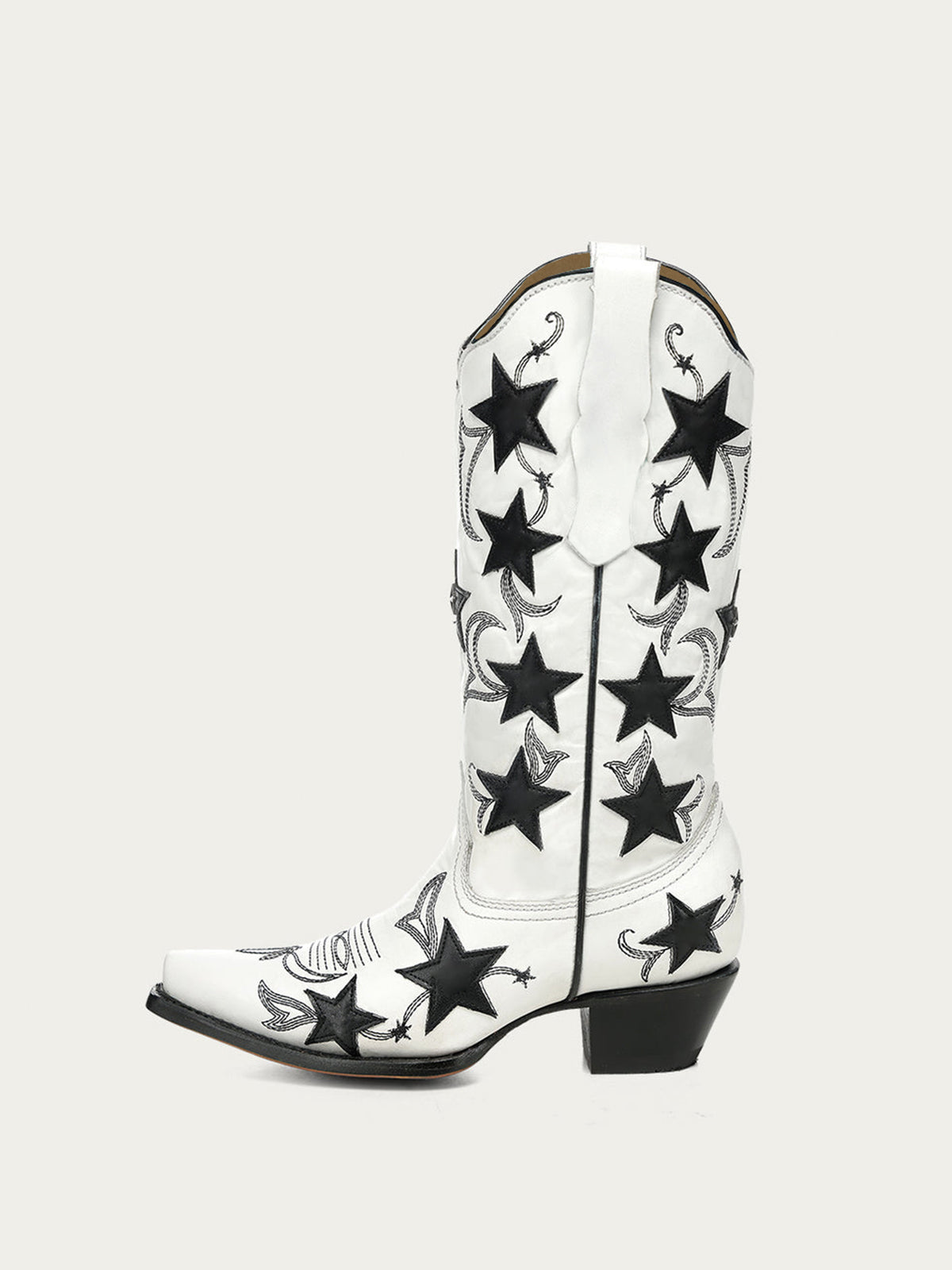 White Snip-Toe Chic Stars Inlay With Embroidery Mid Calf Cowgirl Boots
