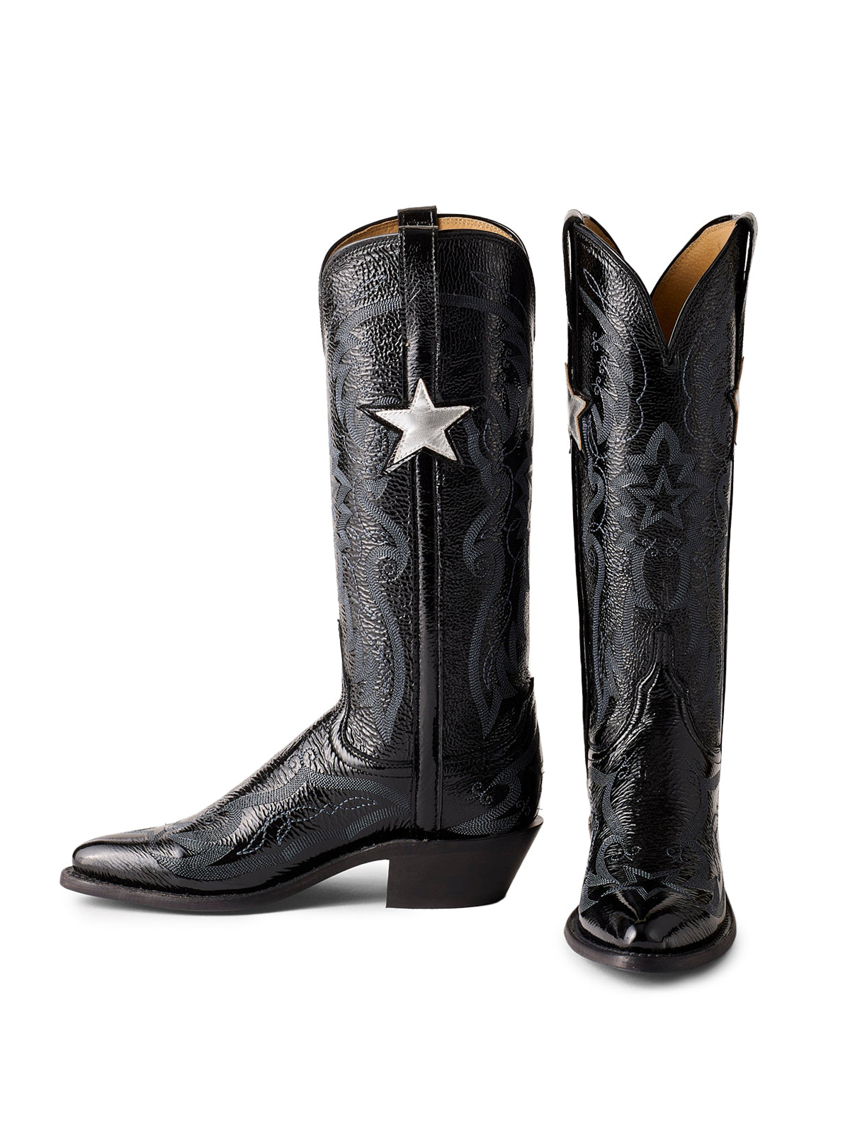 Patent Black Stitch Pointed-Toe Mid Calf Cowgirl Boots With Metallic Star Applique