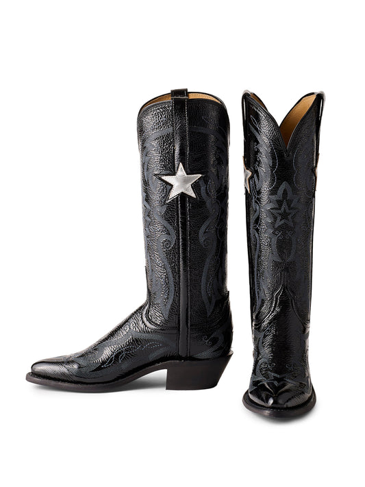 Patent Black Stitch Pointed-Toe Mid Calf Cowgirl Boots With Metallic Star Applique