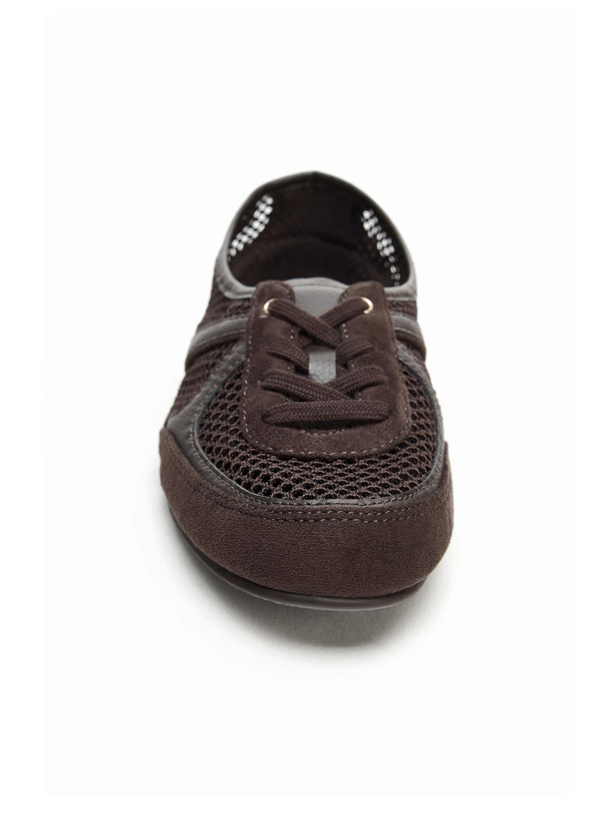 Coffee Faux Suede And Mesh Round-Toe Lace-Up Flats Sneakers