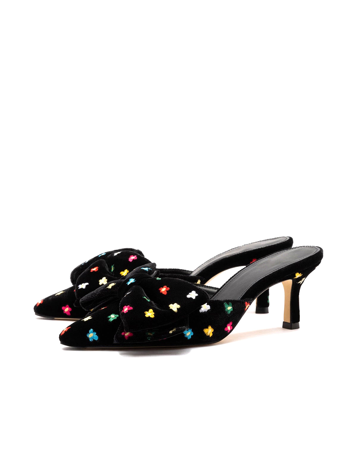 Black Velvet Pointed-Toe Flowers Embroidery Big Front Bow High Heels