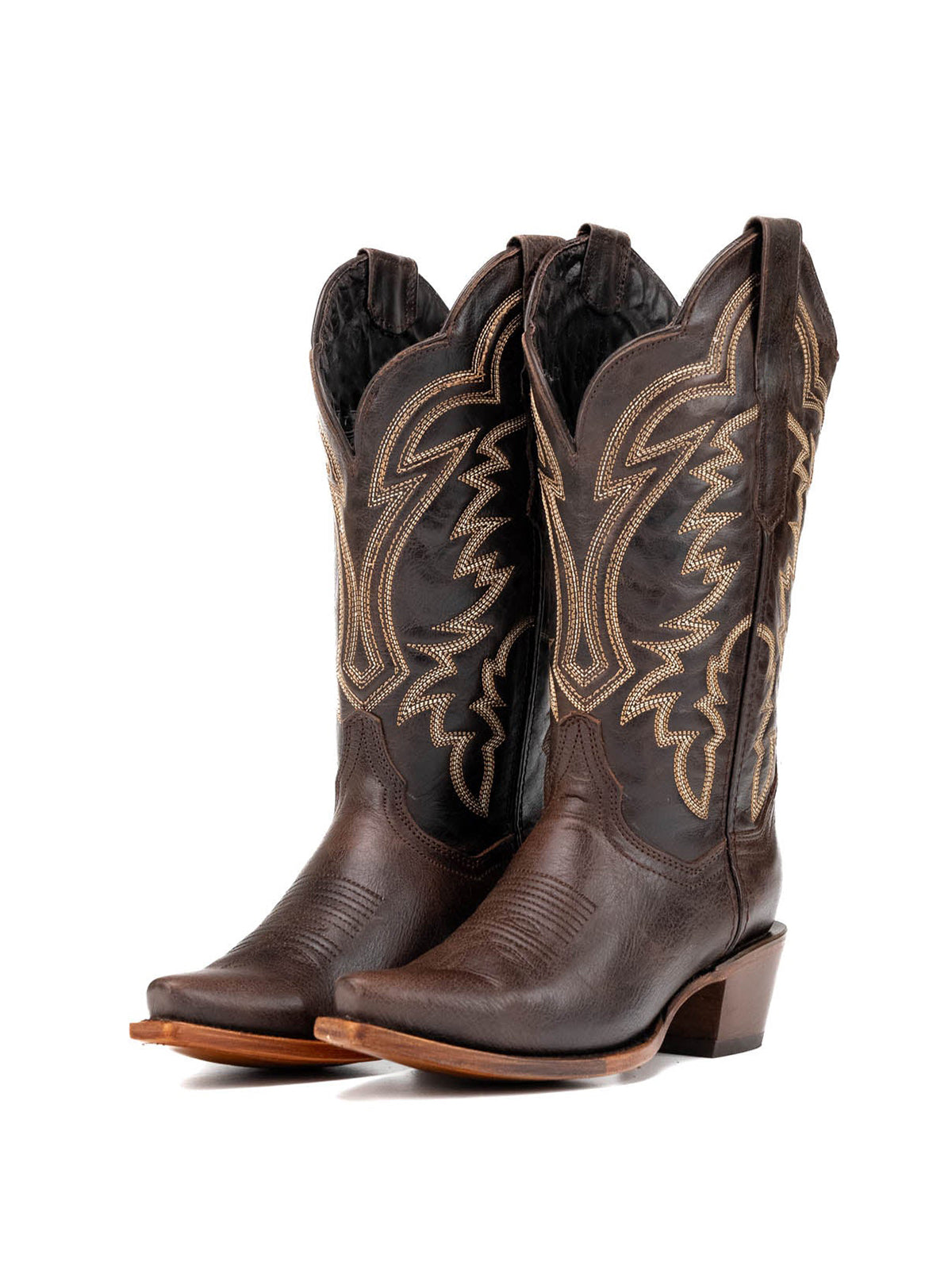 Western Snip-Toe Embroidery Mid Calf Cowgirl Boots - Coffee