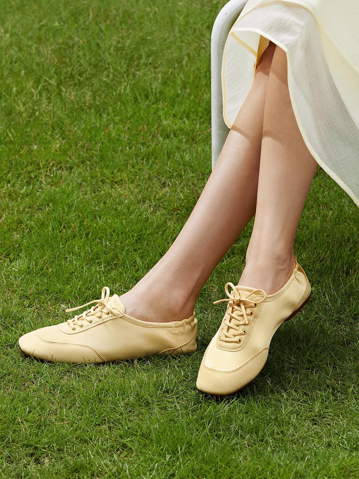 Yellow Satin And Faux Suede Square-Toe Floral Embroidery Lace-Up Flats