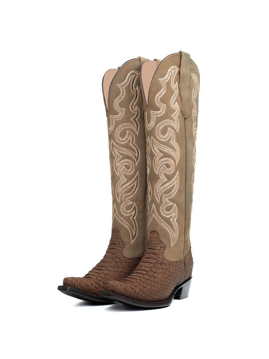 Khaki Brown Snakeskin Print And Vegan Leather Snip-Toe Embroidery Half-Zip Knee High Cowgirl Boots