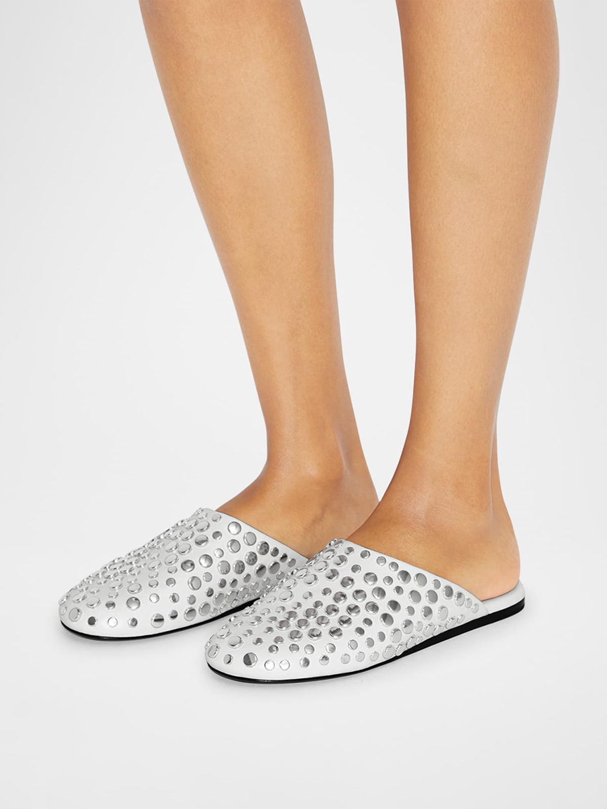 White Round-Toe Studded Mule Flats