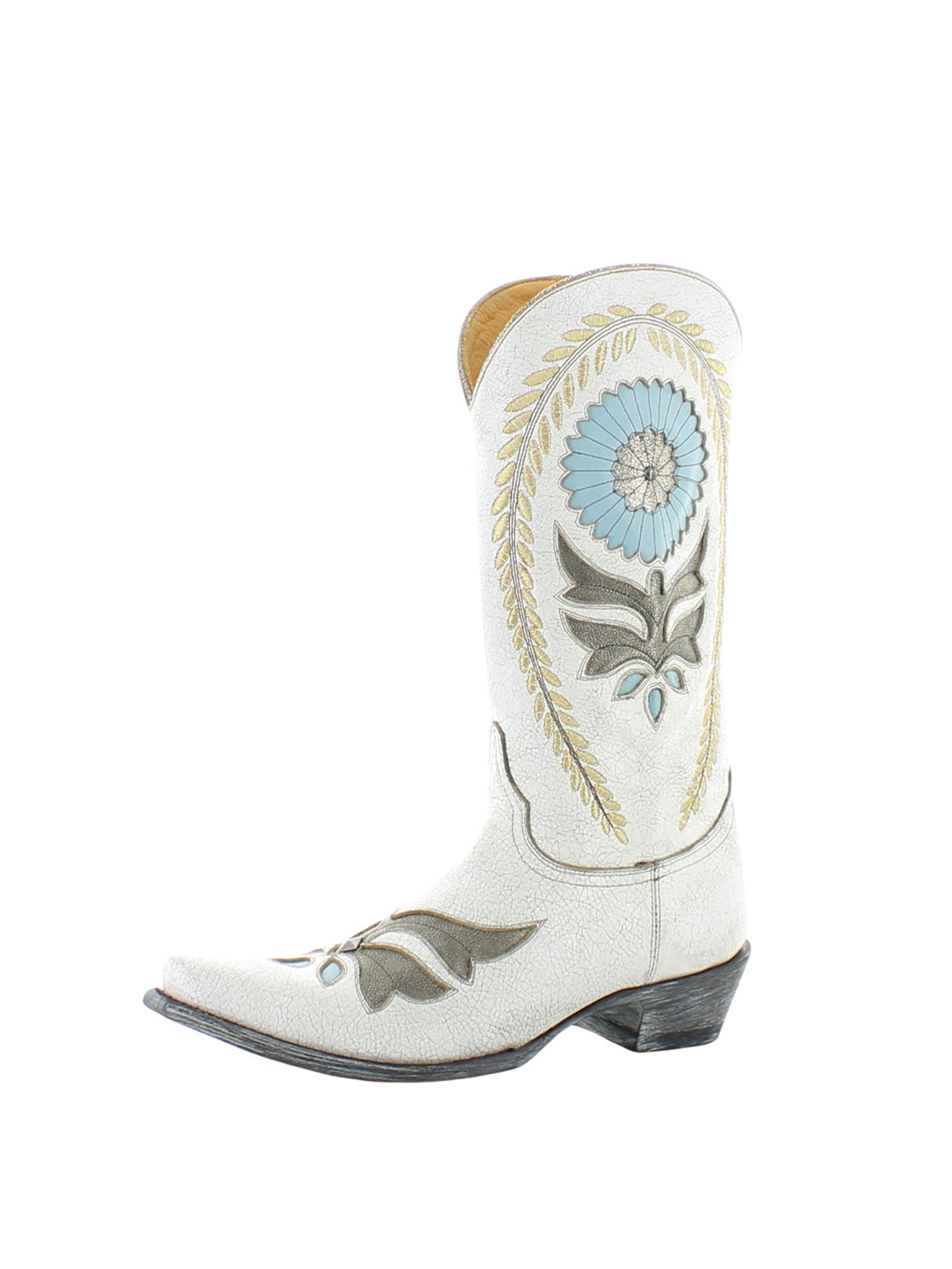 Distressed Ivory Snip-Toe Sunflower Inlay Rice Ears Embroidery Mid Calf Cowgirl Boots