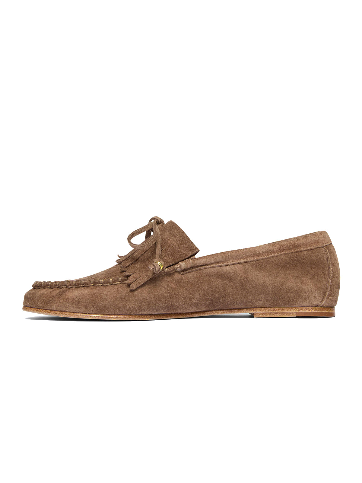 Brown Cow Suede Round-Toe Front Bow And Fringe Flats