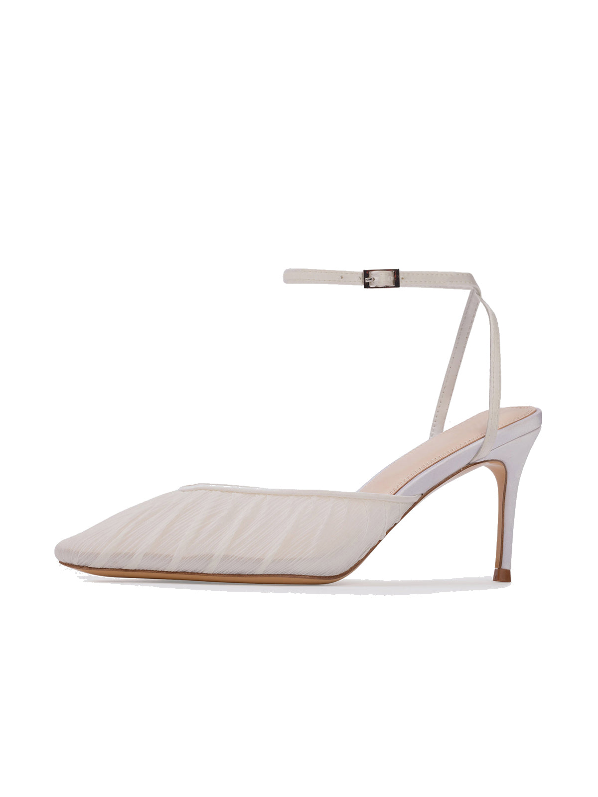 White Satin And Mesh Pointed-Toe Classic Ankle Strap High Heels