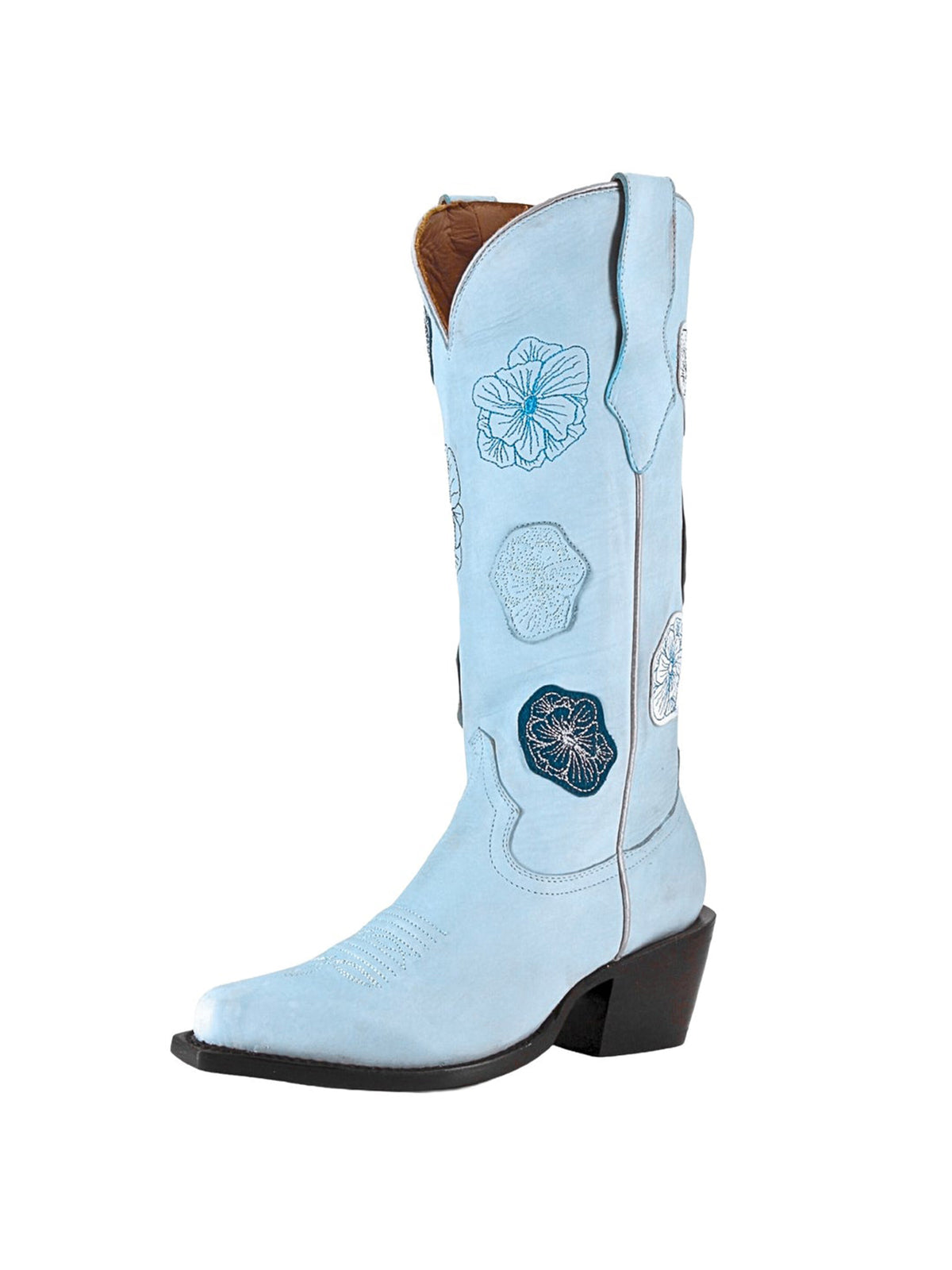 Sky Blue Snip-Toe Flowers Applique Chic Mid Calf Cowgirl Boots