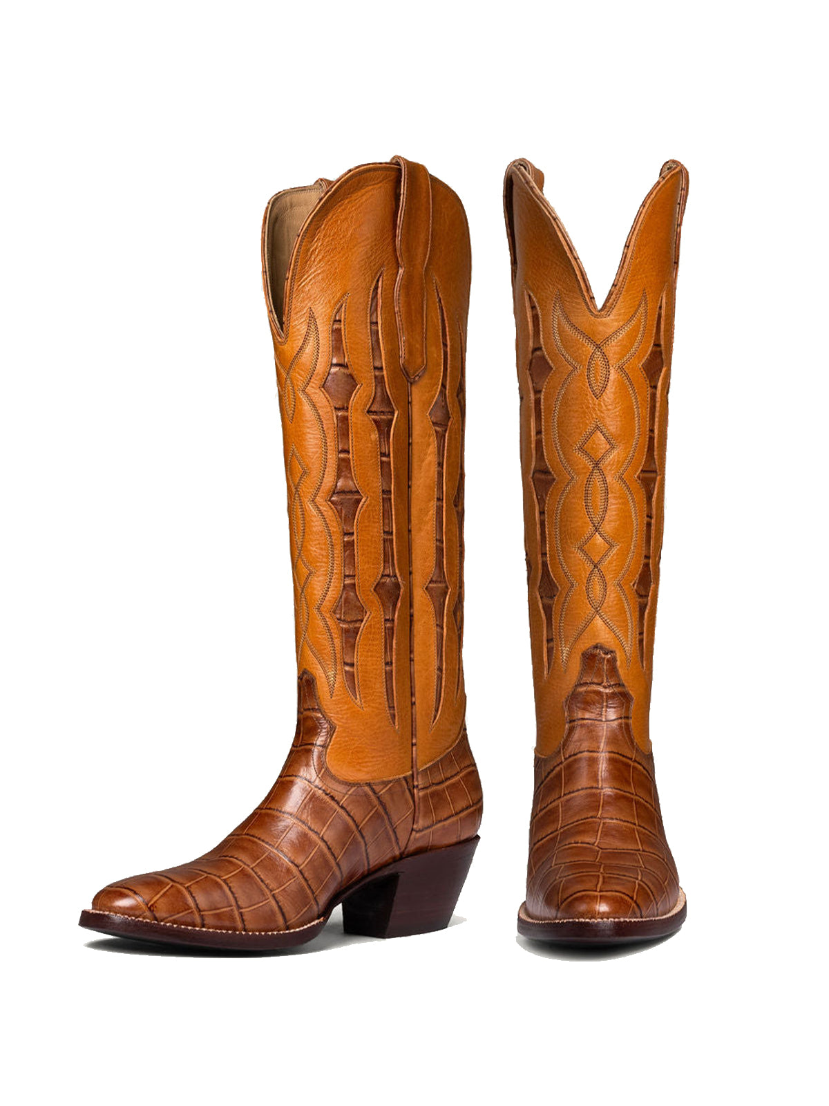 Maroon Contrast Crocodile Print Inlay Stitch Almond-Toe Wide Knee High Western Cowgirl Boots