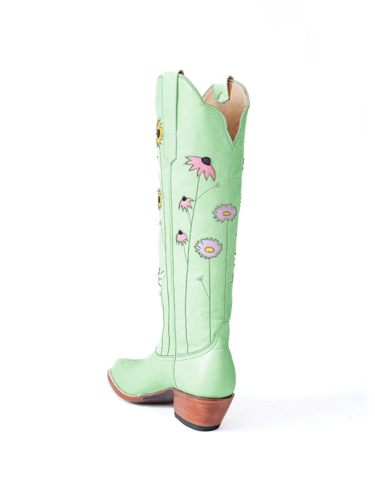 Light Green Almond-Toe Colorful Flowers Inlay Wide Calf Knee High Cowgirl Boots